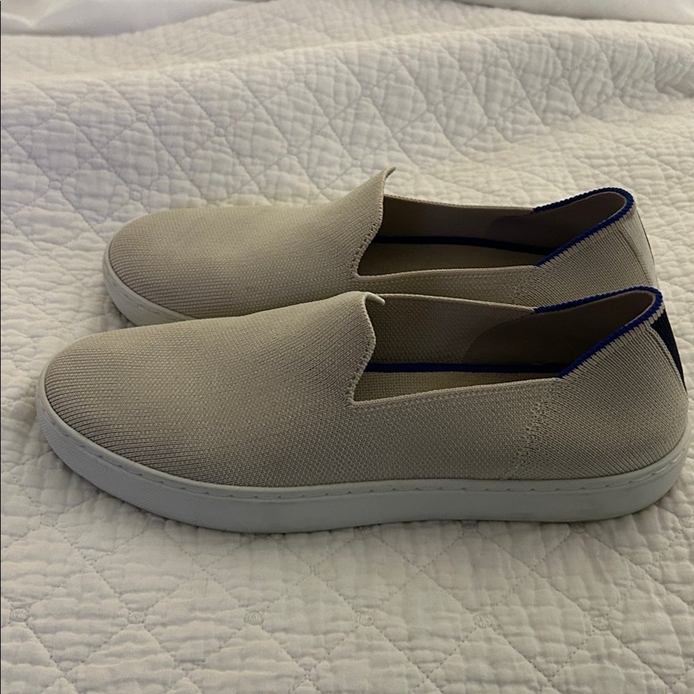 Rothy's Beige Slip-On Sneakers with Blue Trim - Picture 2 of 4
